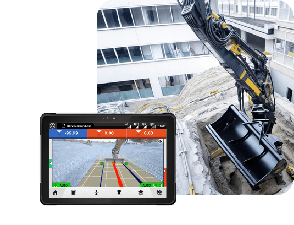 PRECISE E3D tablet showing an AR design-line overlay next to a real excavator jobsite