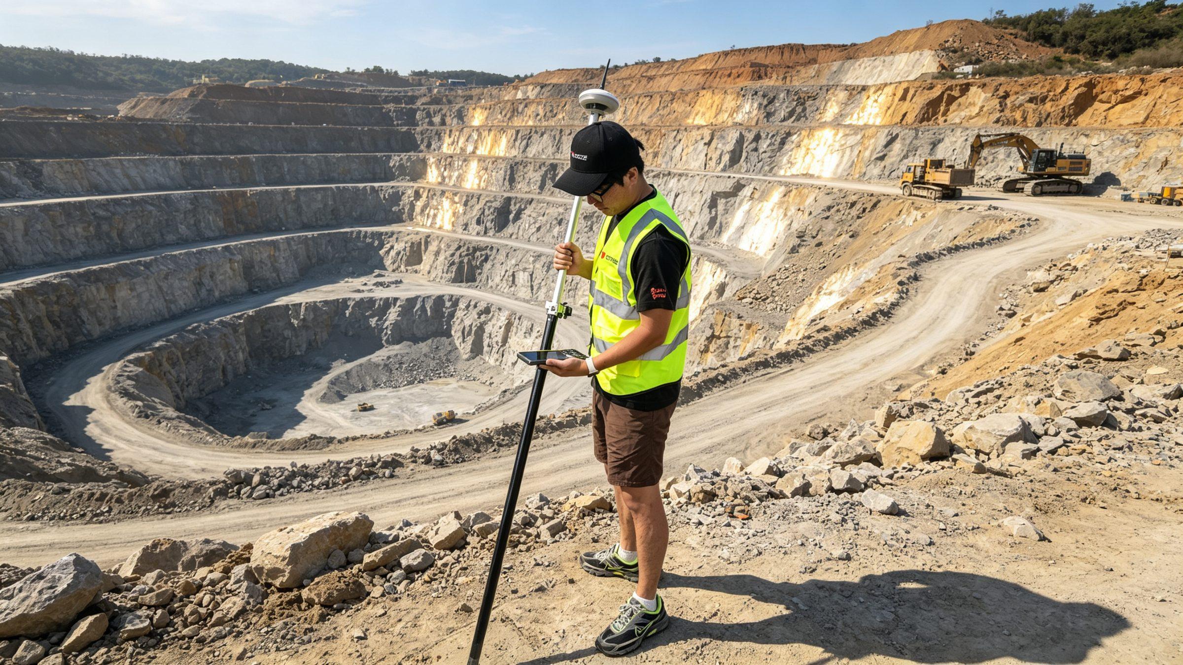 Surveyor using PRECISE X9 at an open-pit mining site
