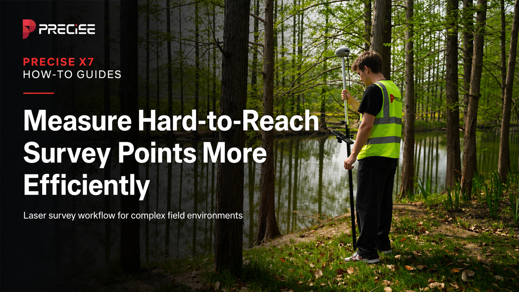 PRECISE X7 surveyor measuring hard-to-reach survey points in a forest field environment